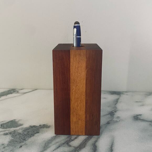 Vintage MCM Teak Birch Walnut Bud Vase Rectangle Pen Holder Handmade Wood Inlay - Picture 8 of 9